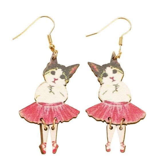 Wood Cat Ballerina Earrings Whimsical Dangle Legs Gold Tone - Picture 1 of 1
